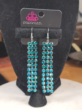 Paparazzi Teal Iridescent Crystal Triple-Row Drop Earrings